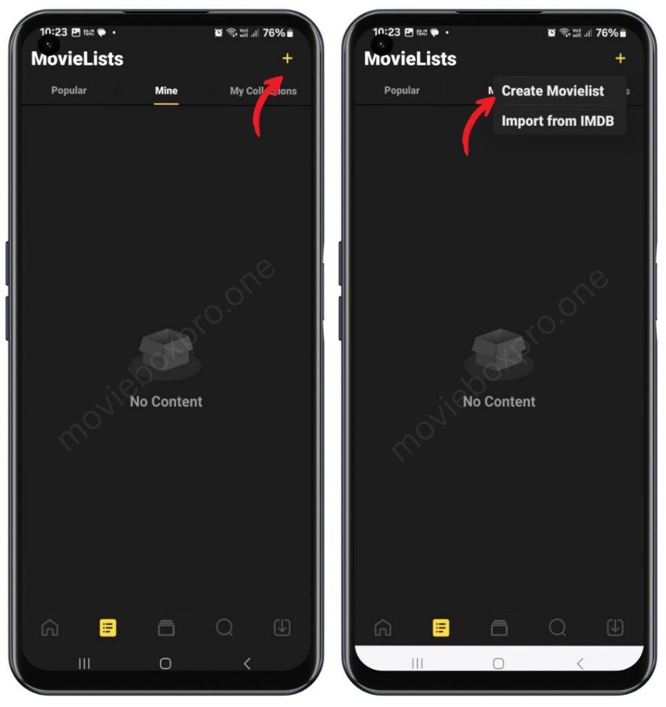 movielists page with 3 categories